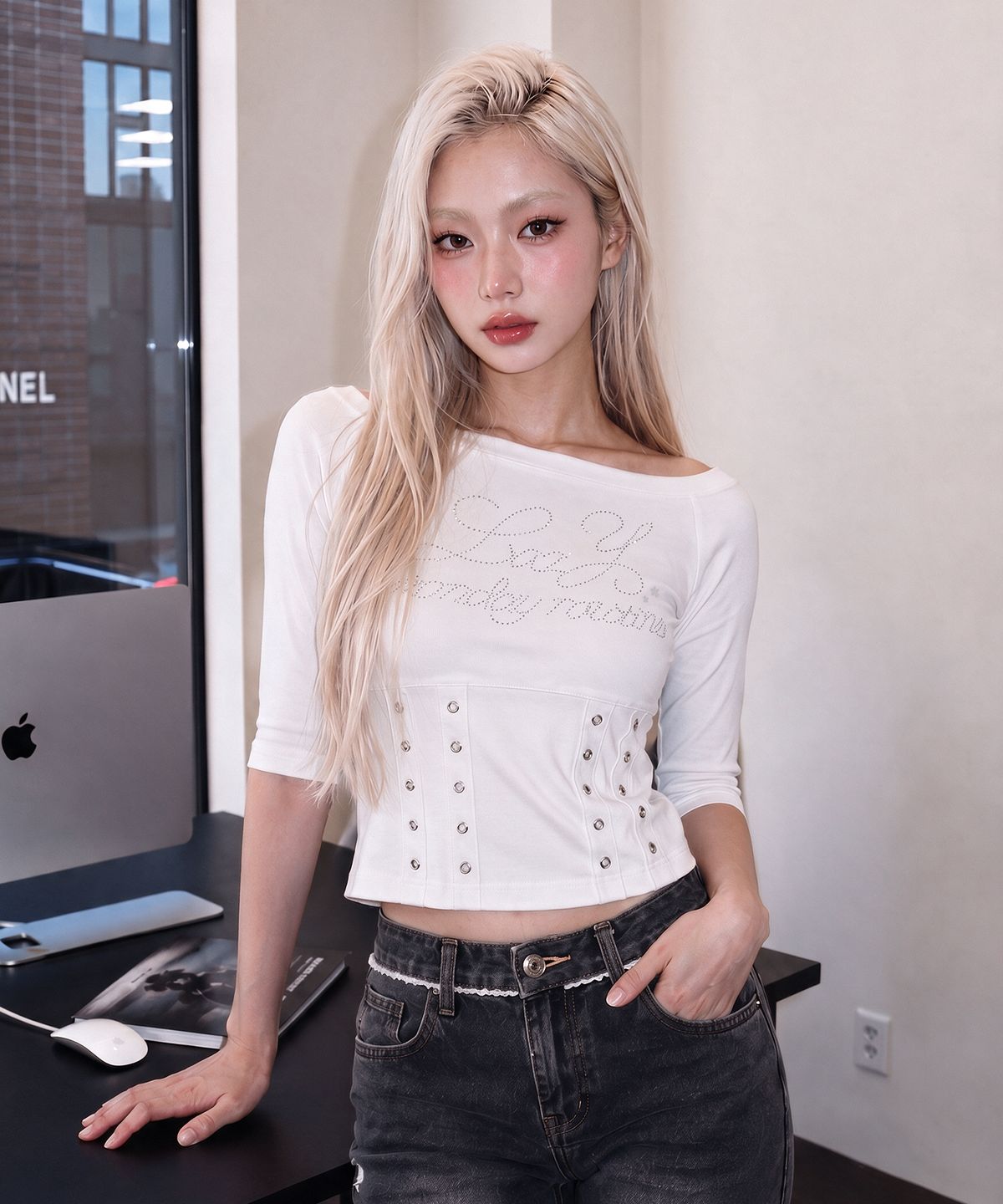 엘엠알(LMR) 핫 픽스 아일렛 보트넥 티셔츠 WHITE