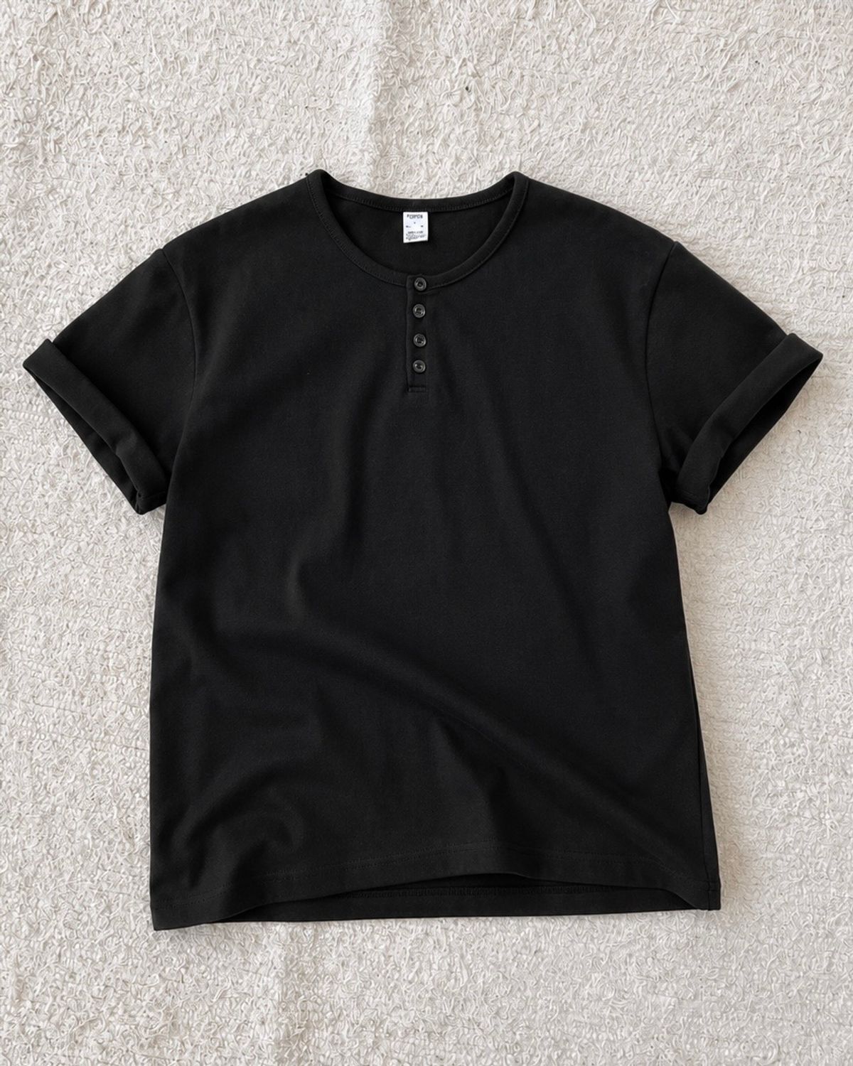 토피(TOFFEE) [S-XXL] 슬림 크롭 헨리넥 하프 티셔츠 (BLACK)