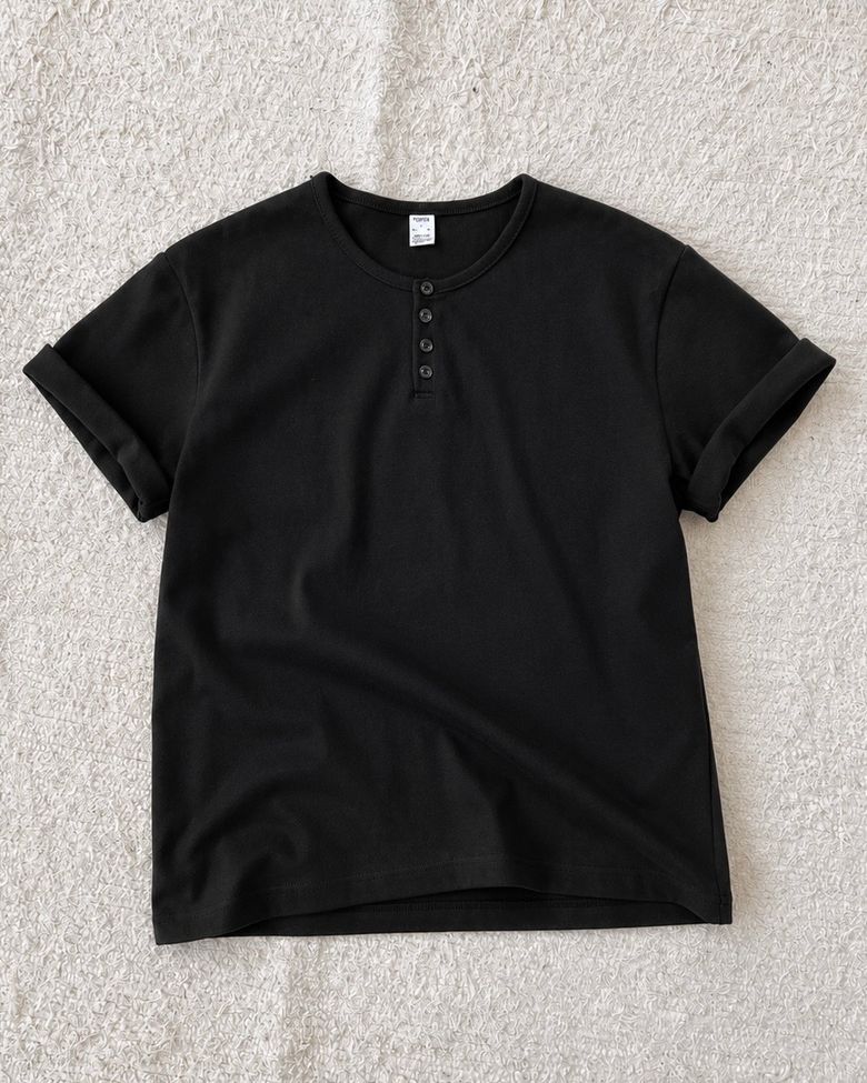 [S-XXL] 슬림 크롭 헨리넥 하프 티셔츠 (BLACK)