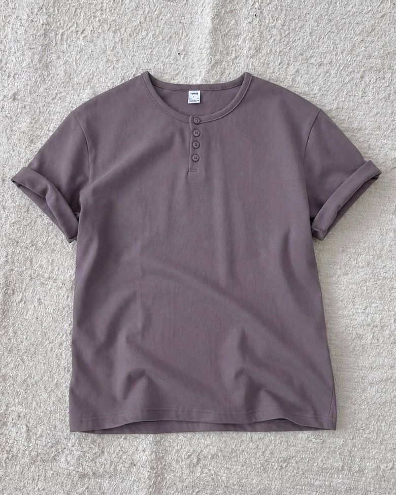 [S-XXL] 슬림 크롭 헨리넥 하프 티셔츠 (PURPLE)