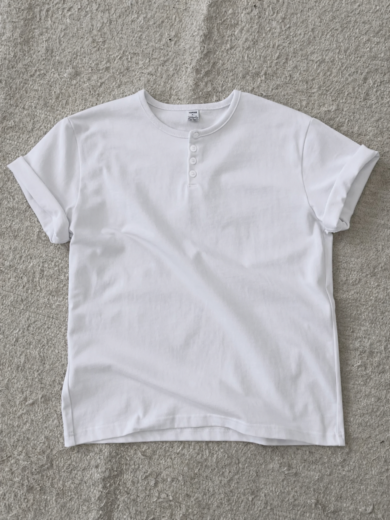 [S-XXL] 슬림 크롭 헨리넥 하프 티셔츠 (WHITE)