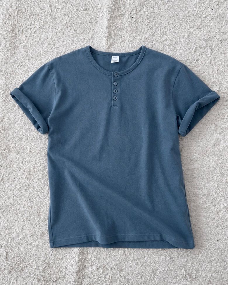 [S-XXL] 슬림 크롭 헨리넥 하프 티셔츠 (BLUE)