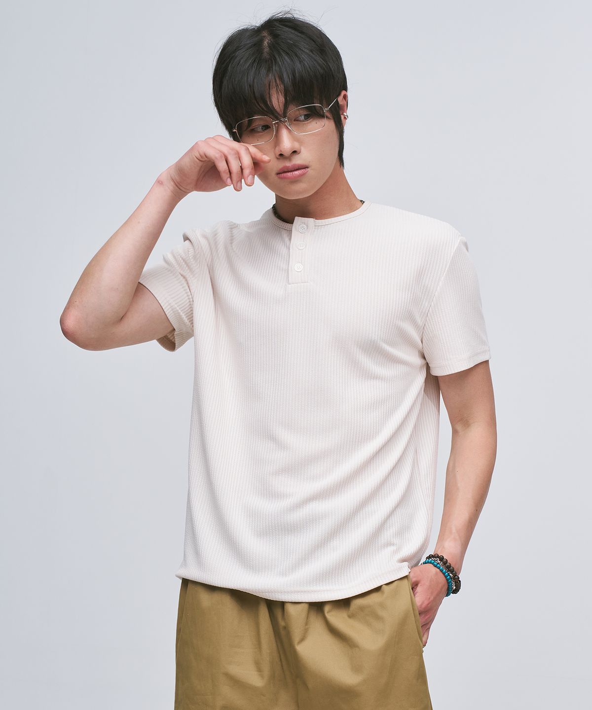 플레이스스튜디오맨(PLACESTUDIOMAN) 베이직 코튼 와플 스냅 포인트 헨리넥 세미 오버핏 반팔 티셔츠 _3COLOR
