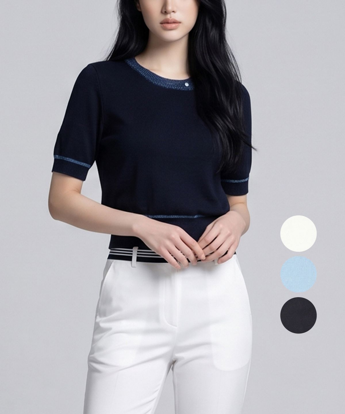 김영주 골프(KIM YOUNG JOO GOLF) 여름 라운드넥 배색 여성 반팔 니트티 DQMLNT29
