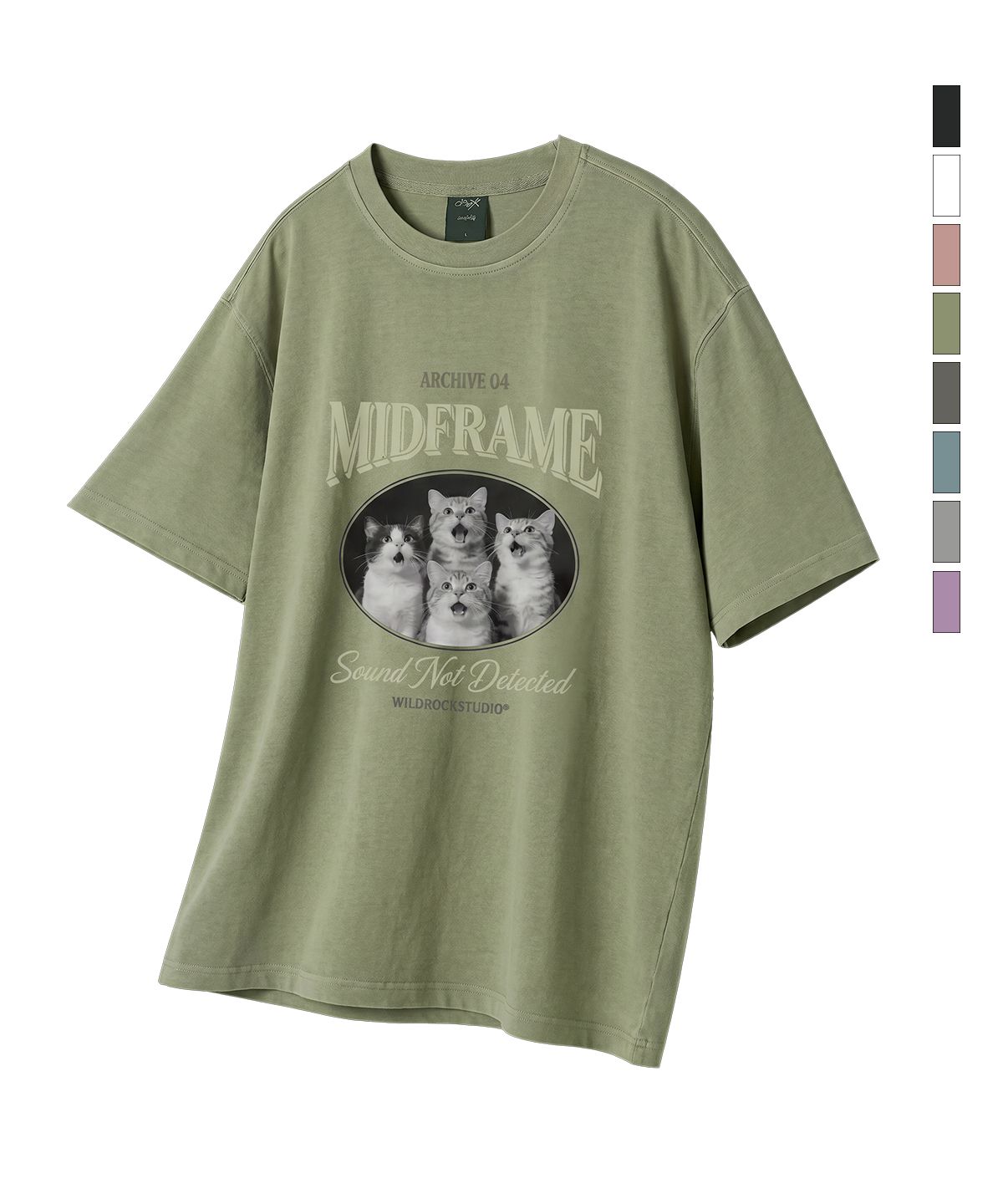 와일드락(WILDROCK) Midframe Cat 피그먼트 오버핏 반팔 티셔츠 (크롭 포함)