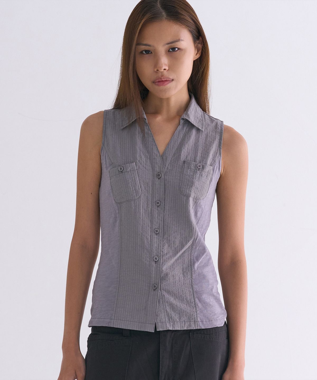 웰빙익스프레스(WELLBEING EXPRESS) Stripe Sleeveless Shirts Charcoal