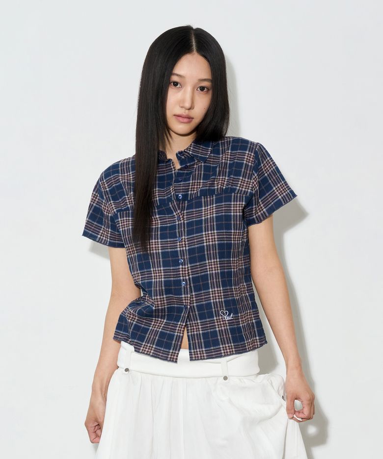 체크 슬림핏 반팔 셔츠_네이비