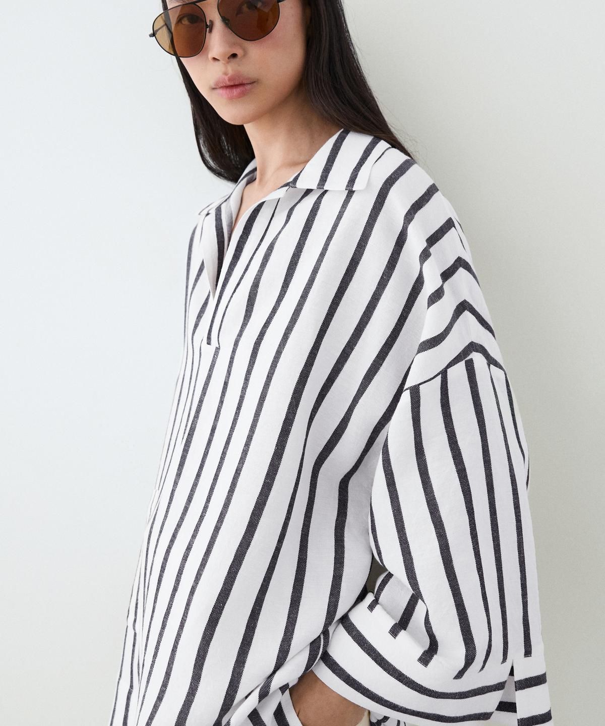마시모두띠(MASSIMO DUTTI) 오버사이즈 스트라이프 리넨 블렌드 셔츠