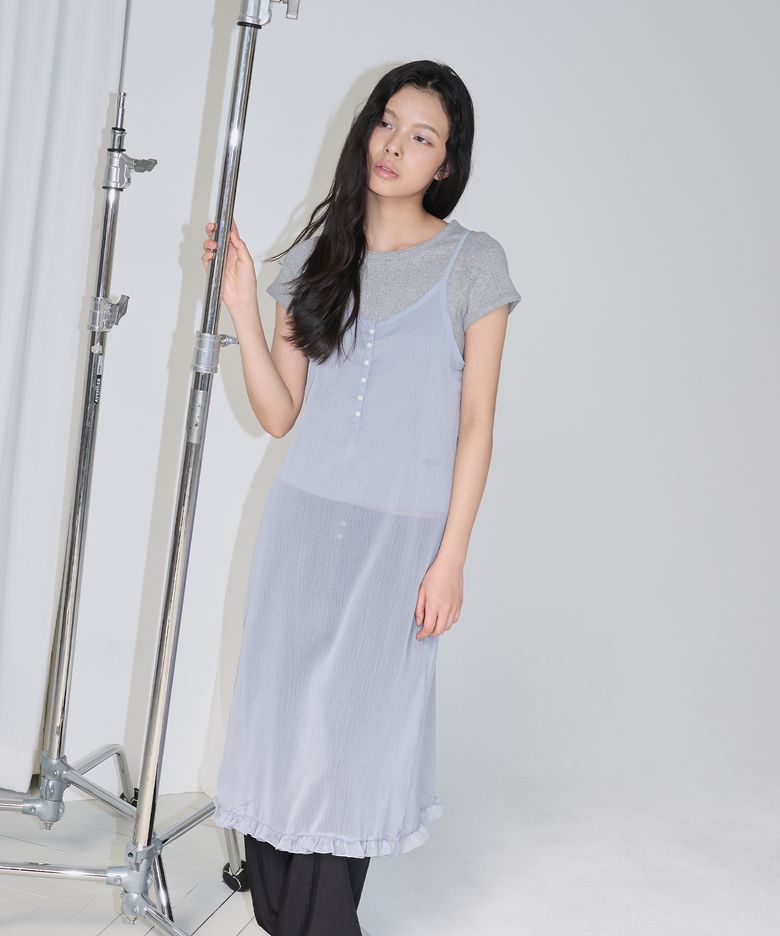 SHEER BUTTON LAYERED SLIP DRESS - SKY