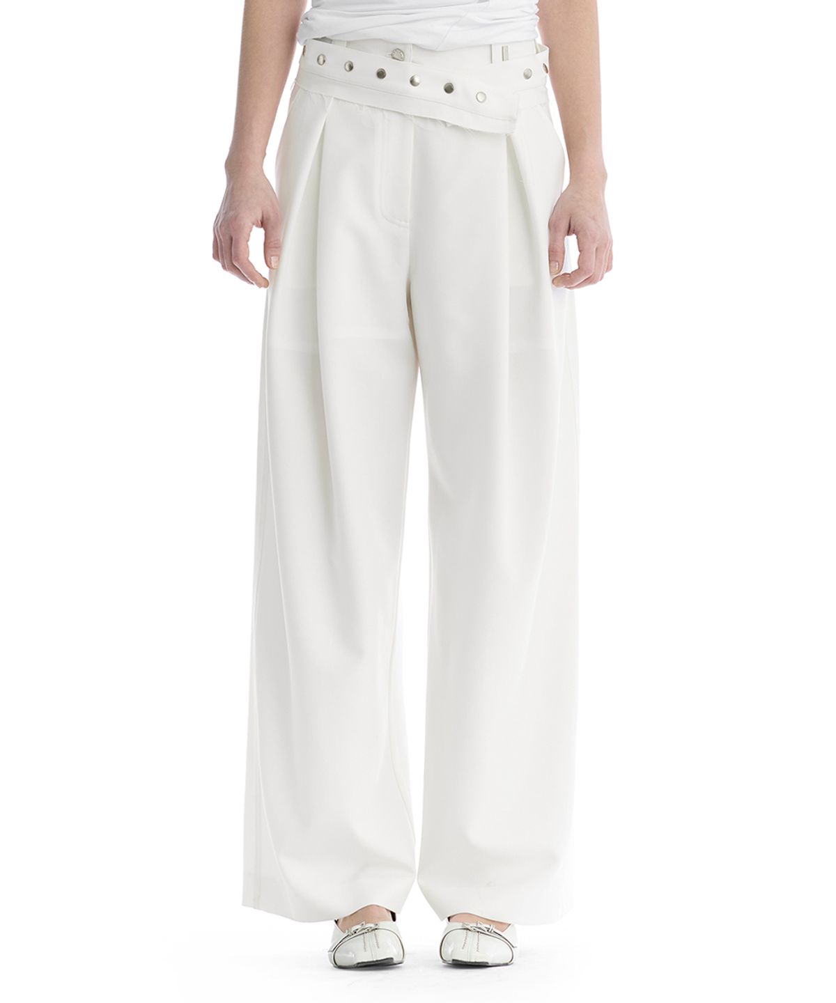 트리밍버드(TREEMINGBIRD) Removable Snap Belt Pleated Pants [ White ]