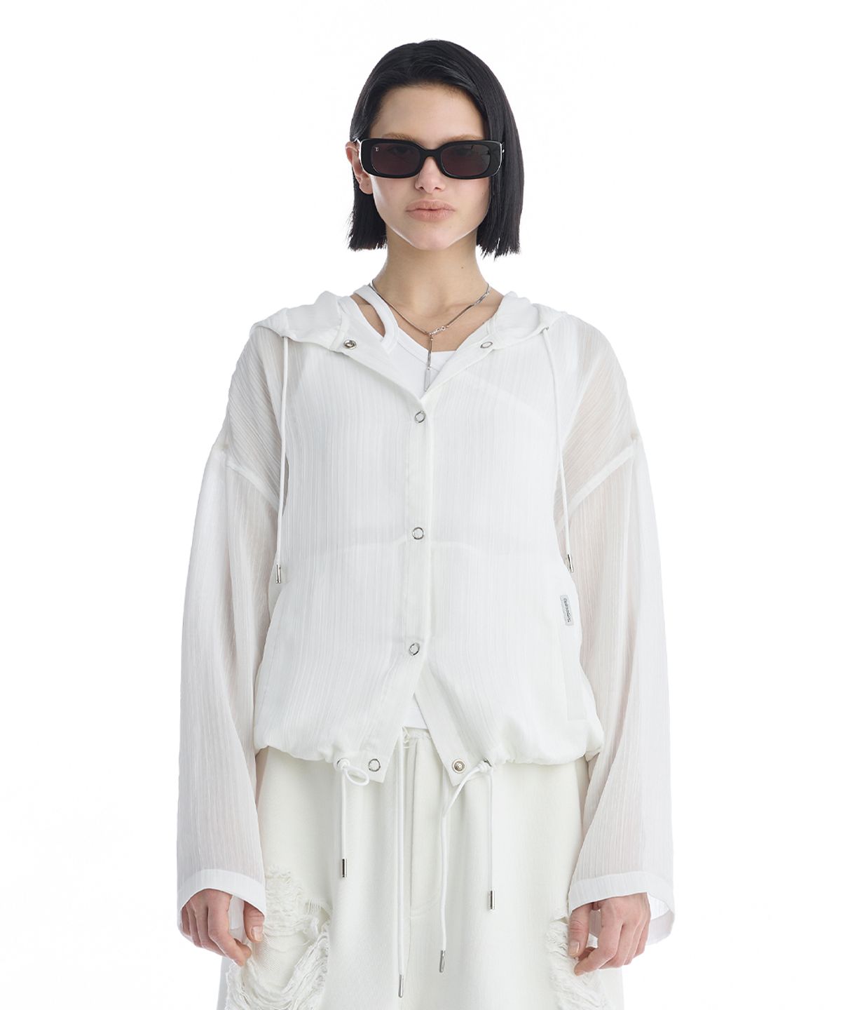 트리밍버드(TREEMINGBIRD) Sheer Hooded Snap Jacket [ White ]