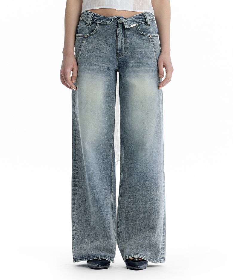 Folded Waistband Low-Rise Denim Pants [ Blue ]