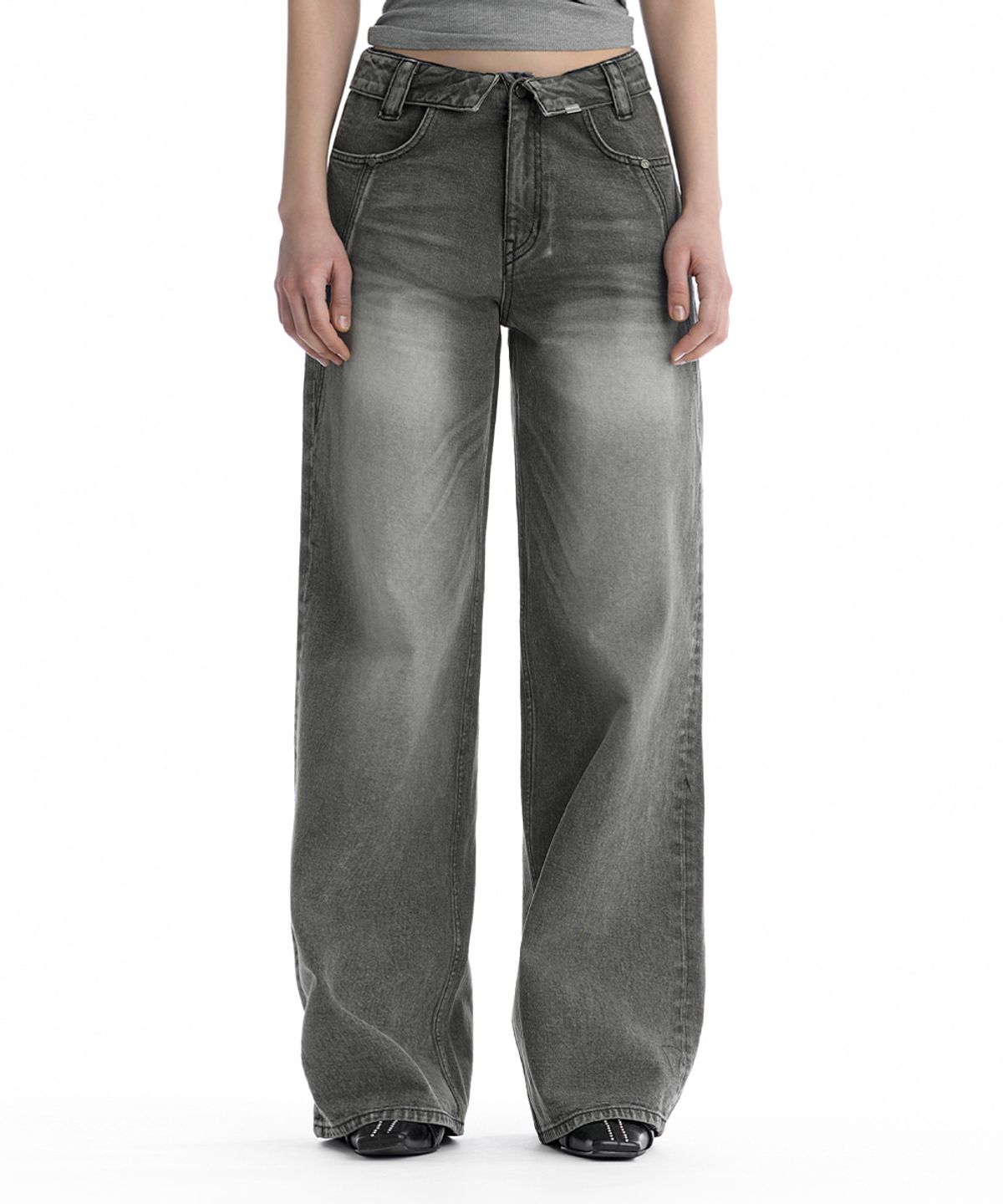 트리밍버드(TREEMINGBIRD) Folded Waistband Low-Rise Denim Pants [ Gray ]