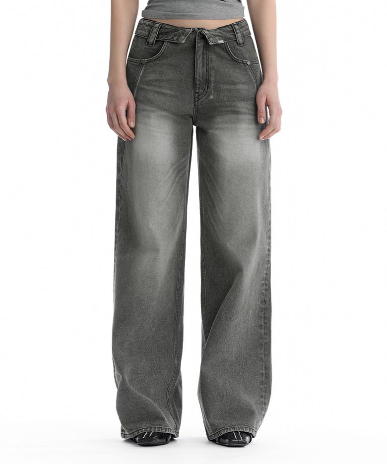 Folded Waistband Low-Rise Denim Pants [ Gray ]