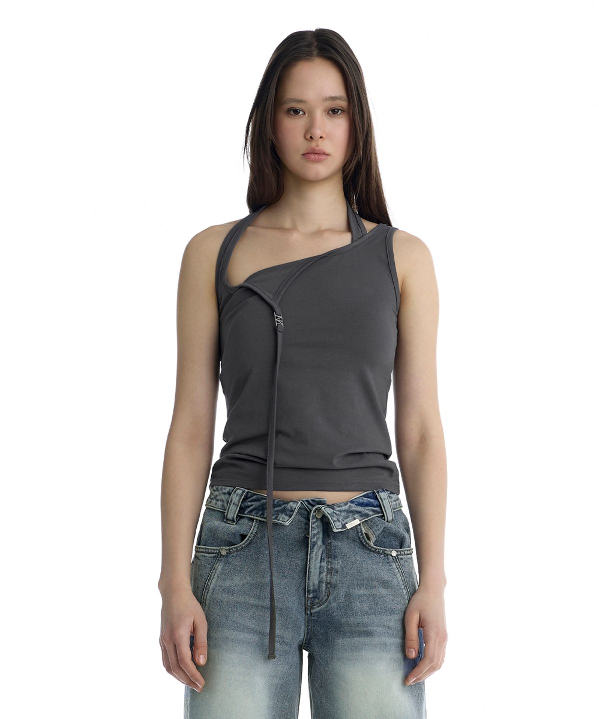 트리밍버드(TREEMINGBIRD) Layered Draped Halter Neck Tank Top [ Charcoal ]