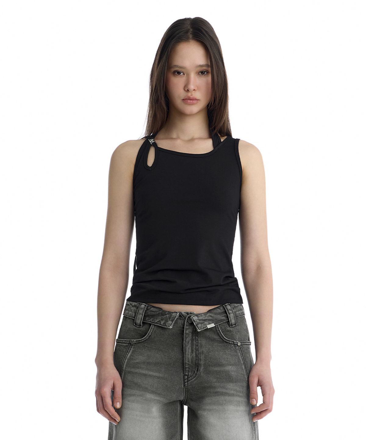 트리밍버드(TREEMINGBIRD) Layered Draped Halter Neck Tank Top [ Black ]