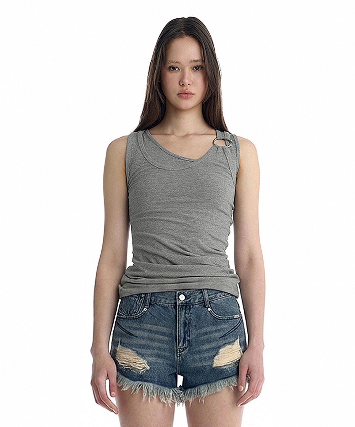 트리밍버드(TREEMINGBIRD) Double Layered Ring Sleeveless Top [ Melange Gray ]