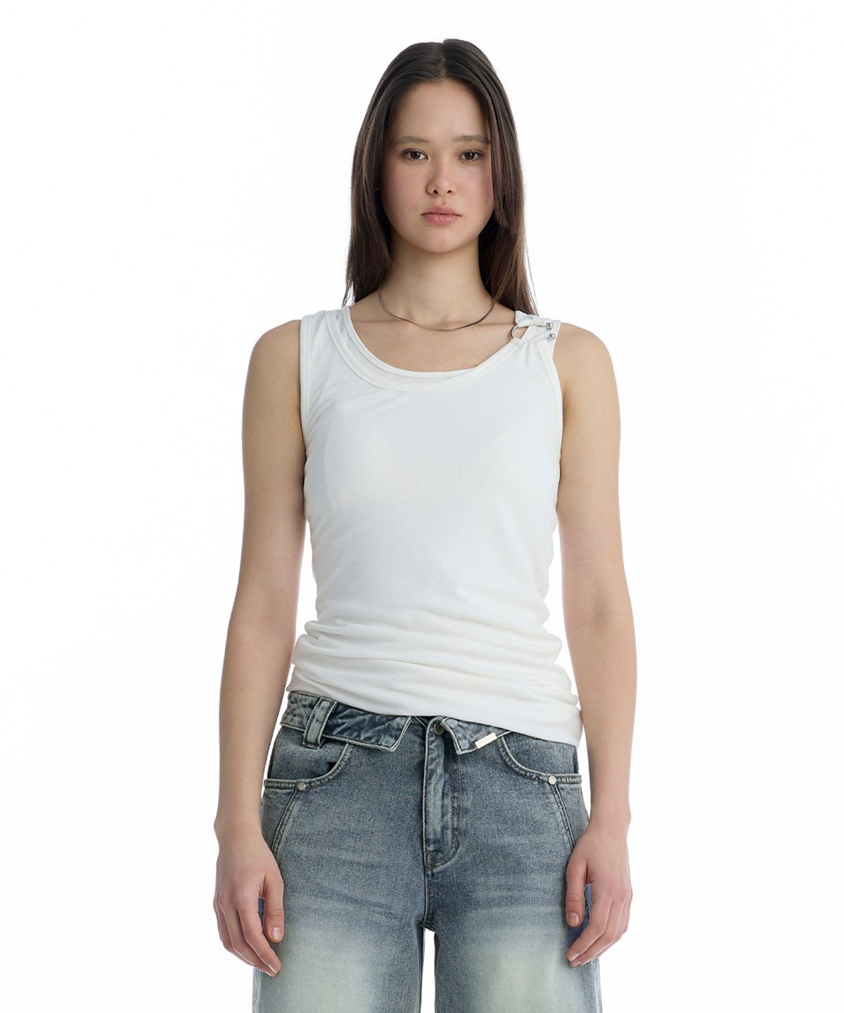 트리밍버드(TREEMINGBIRD) Double Layered Ring Sleeveless Top [ White ]