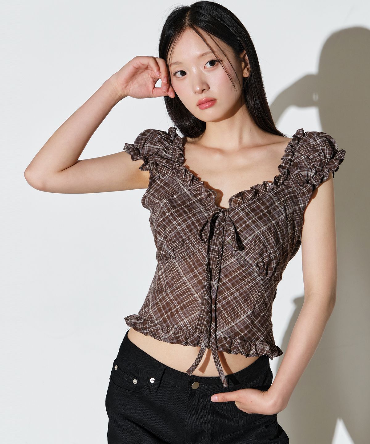 헬레네파리스(HELENE PARIS) 스퀘어넥 셔링 코르셋 프릴 탑 [아몬드 체크]