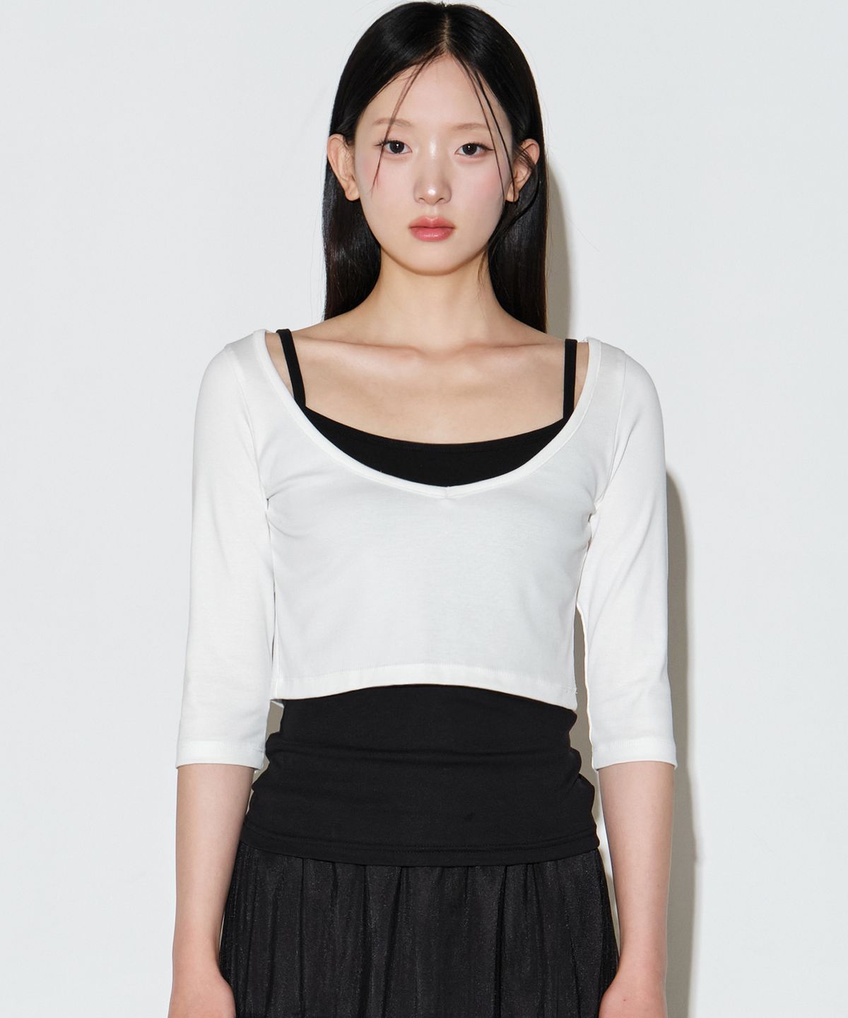 헬레네파리스(HELENE PARIS) [세트상품] 모노크롬 슬림 레이어드 7부 티셔츠 [화이트]