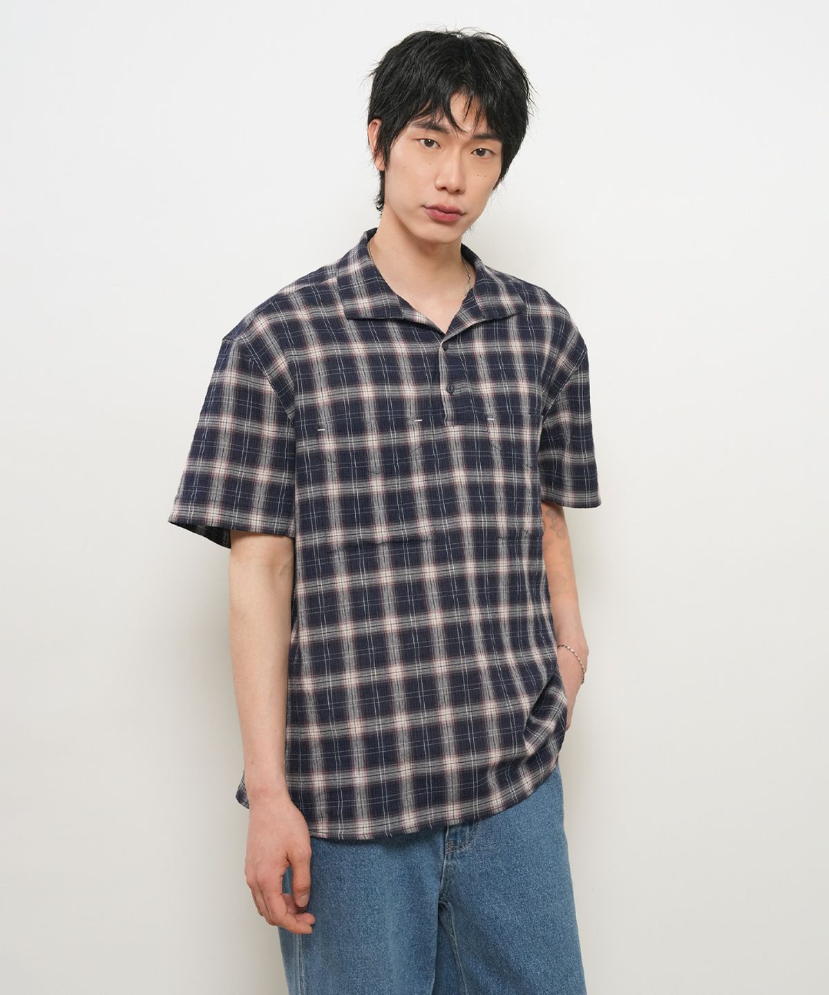 제너럴아이디어(GENERALIDEA) MAN 시어서커 오픈 카라 체크 하프 셔츠 [NAVY] / GF2MSH009