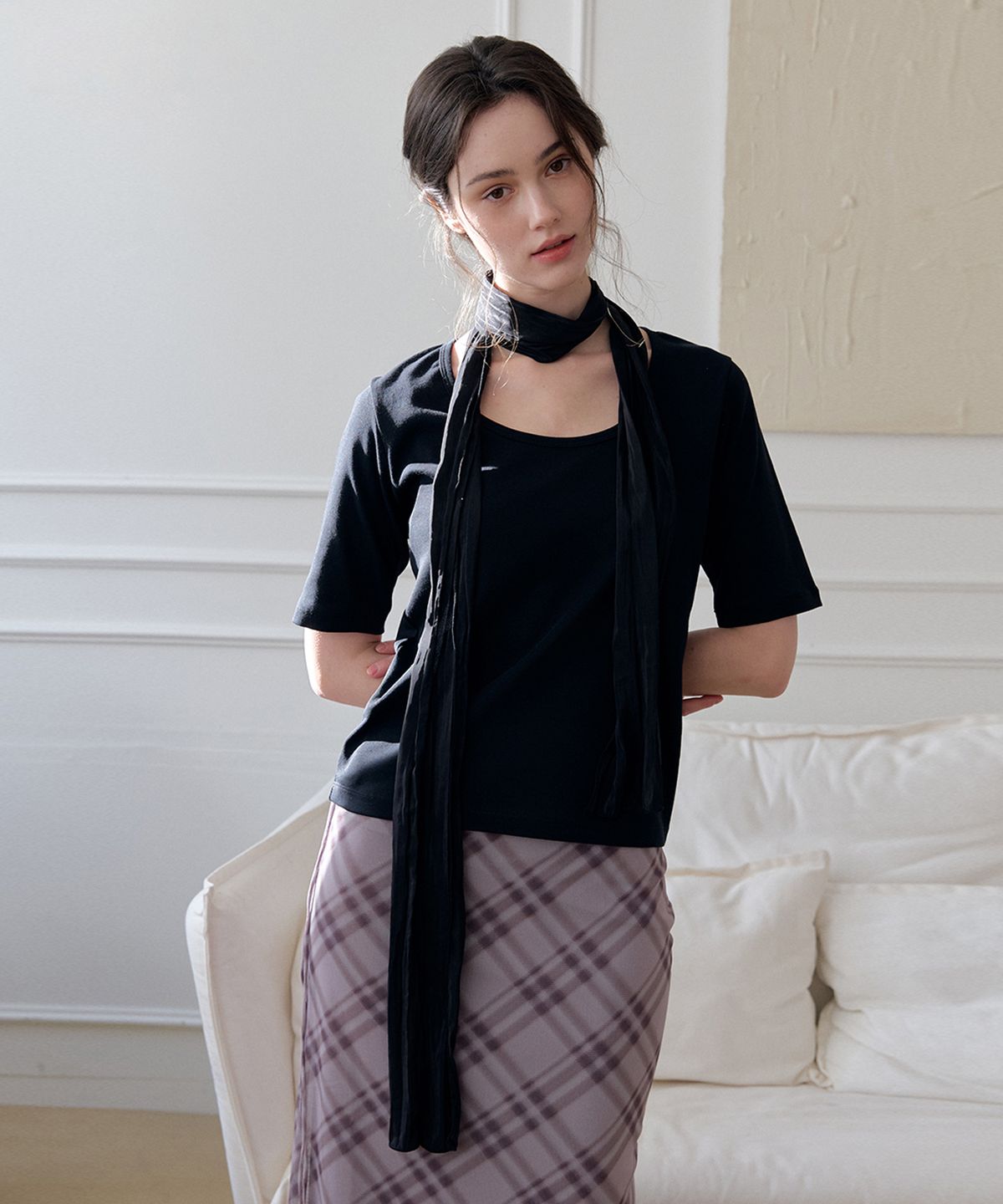 머지앤밍글(MERGE&MINGLE) Layered Petit Scarf T-Set (Black)