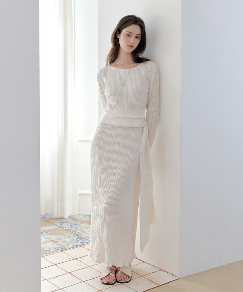 Iconic Pleats Maxi Belted Dress (Ivory)