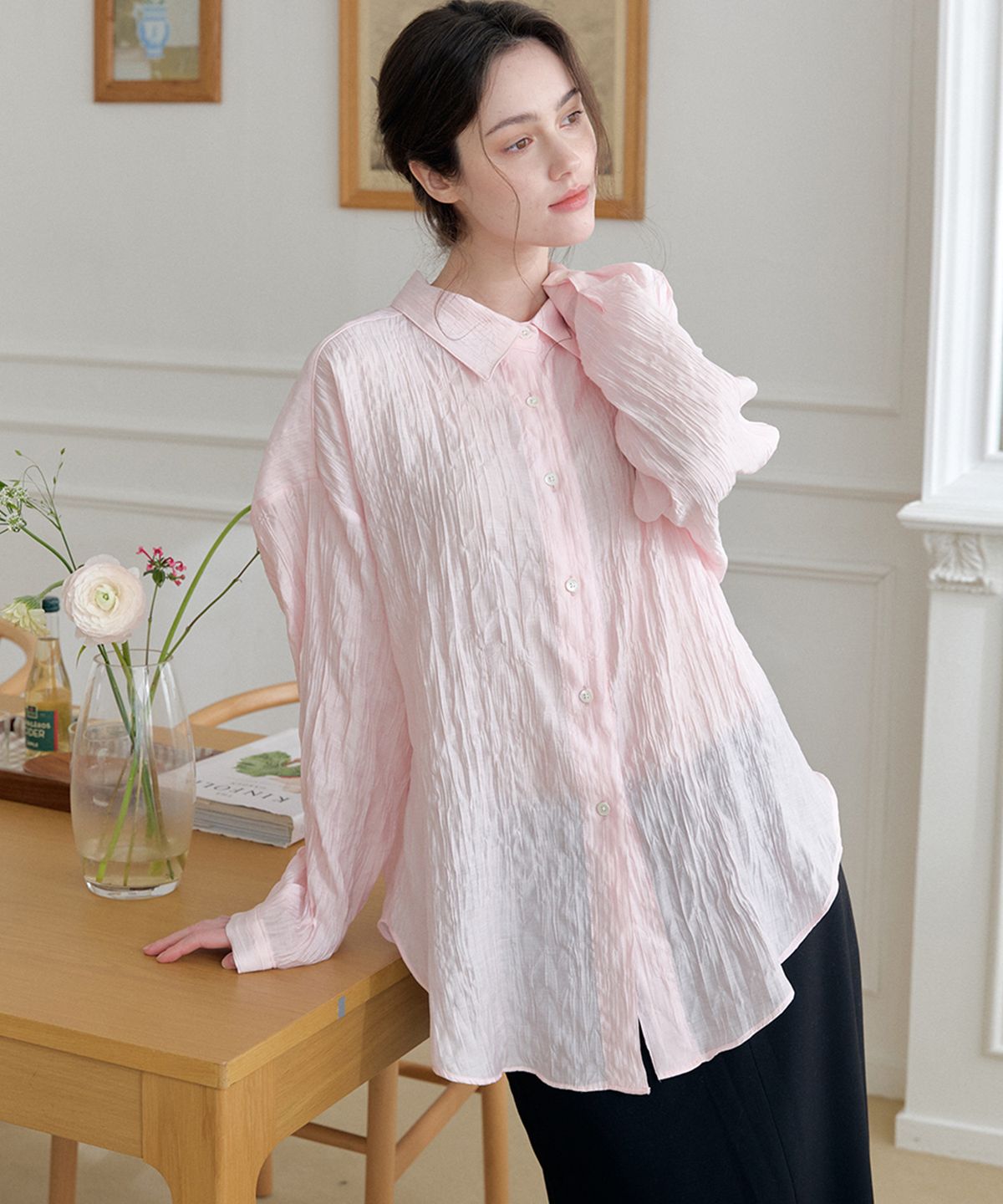 머지앤밍글(MERGE&MINGLE) Crinkle Structure Signature Logo Overshirt (Pink)