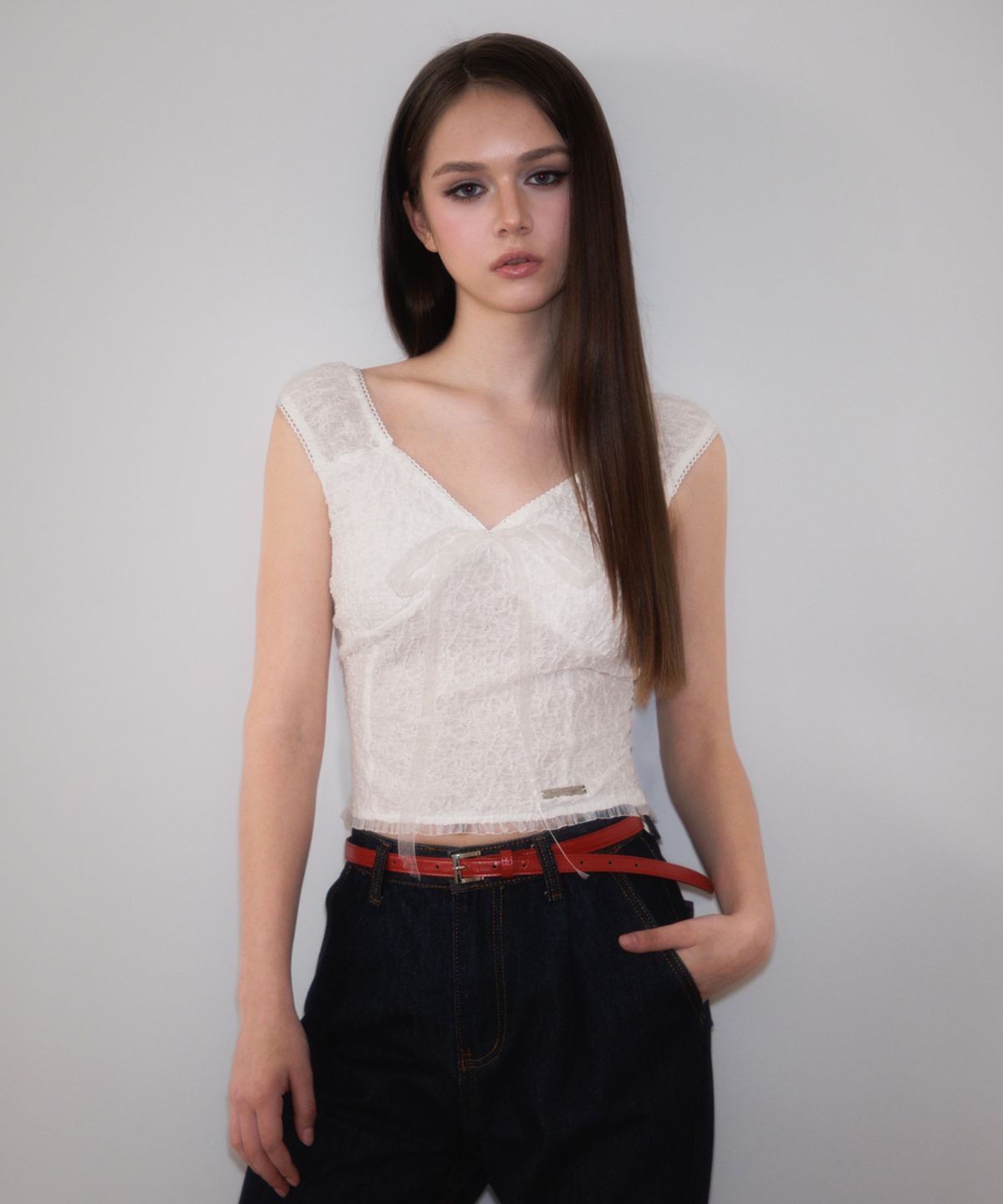 로제프란츠(ROSEFRANTZ) Chiffon Ribbon Crinkle Sleeveless [Ivory]