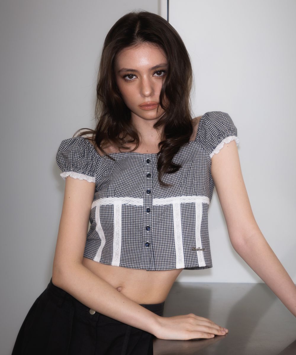 MUSINSA | ROSÉ FRANTZ Check Shirring Crop Blouse [Navy]
