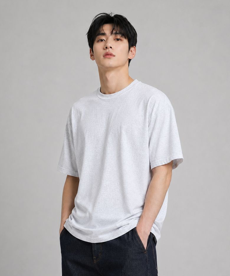 시그니처 라운드 무지 티셔츠 화이트멜란지