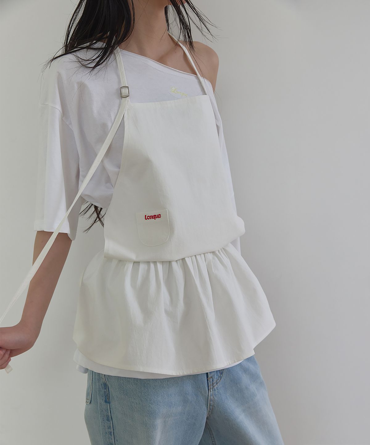 론크(LONQUE) COTTON APRON LAYERED DRESS (IVORY)