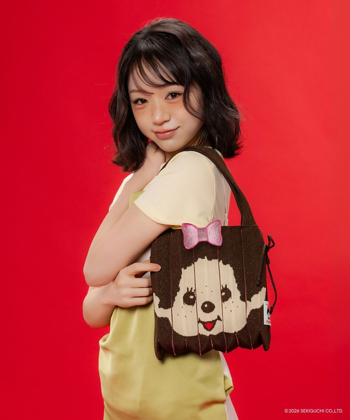 조셉앤스테이시(JOSEPH&STACEY) LPK S STARRY Monchhichi Girl Brown with Ribbon Wappen Pink