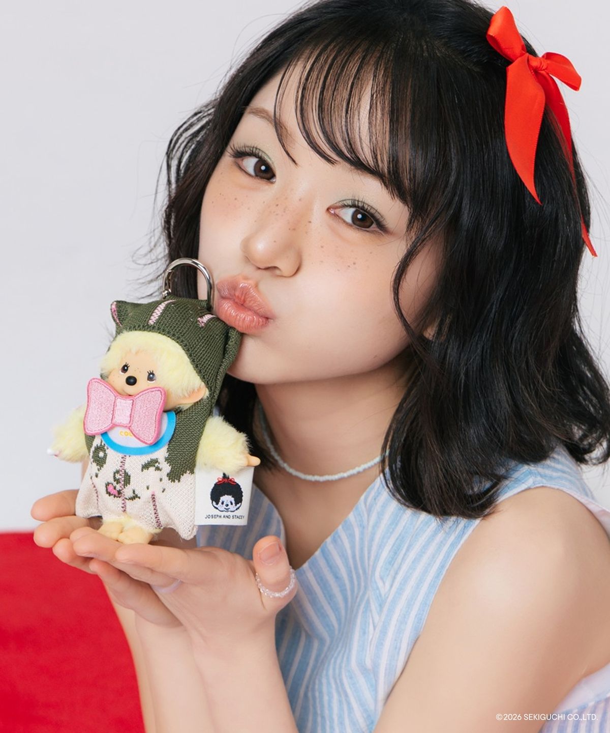 조셉앤스테이시(JOSEPH&STACEY) LPK Mini Multi Pouch Monchhichi Girl Khaki with Ribbon Wappen Pink