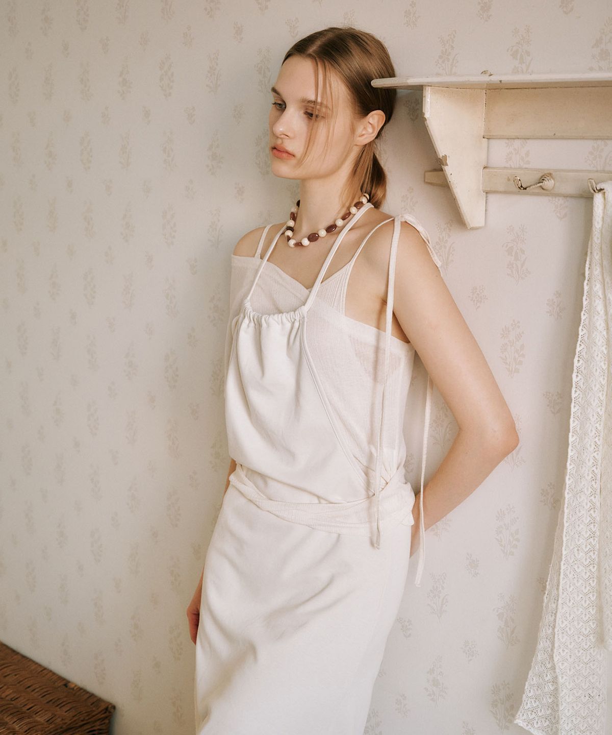 아우로(OURO) TIE UP LAYERED JERSEY ONE PIECE DRESS [ CREAM ]