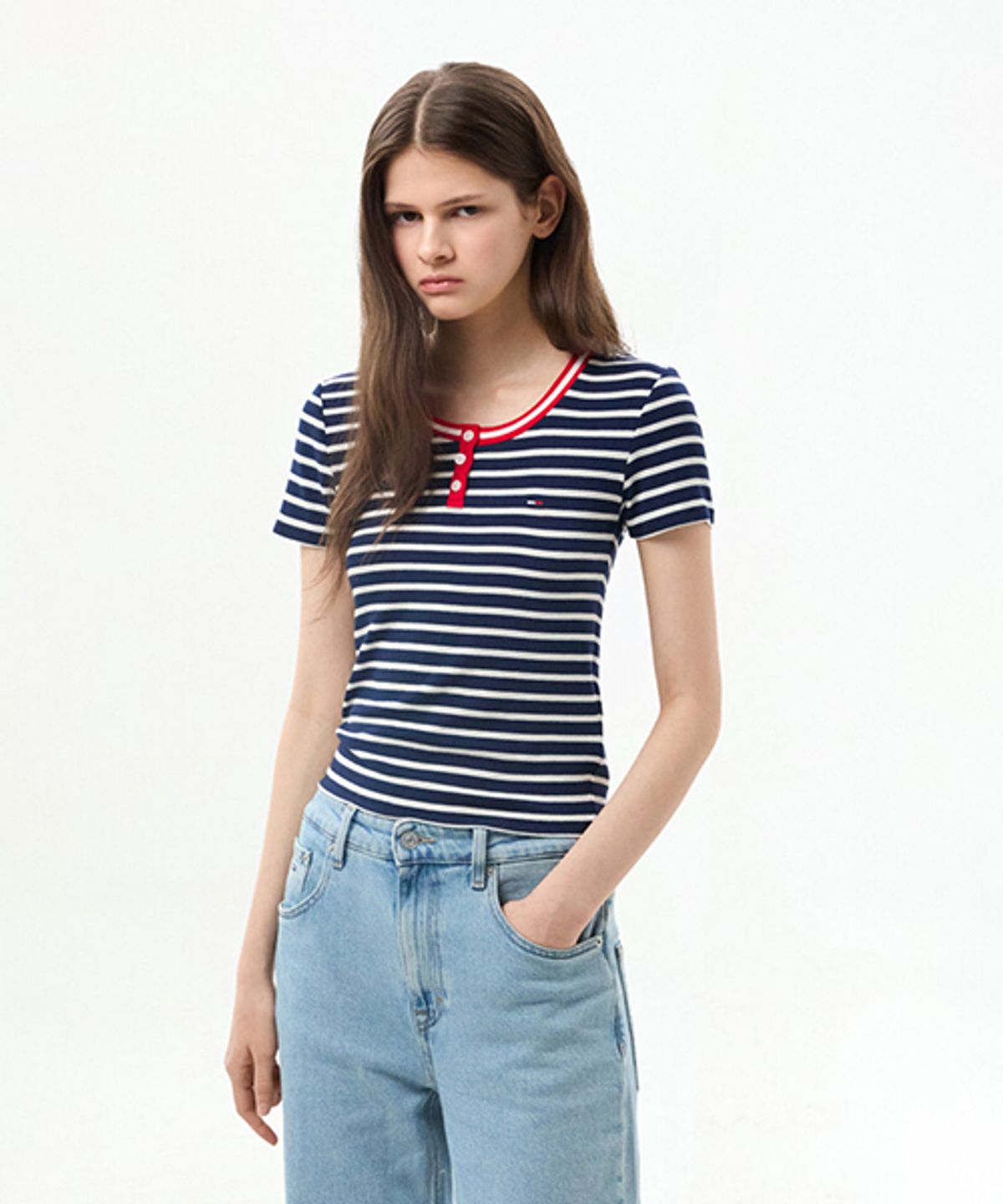 타미진스(TOMMY JEANS) 슬림 헨리넥 티셔츠 (T32G6TTO12TWT10A7)