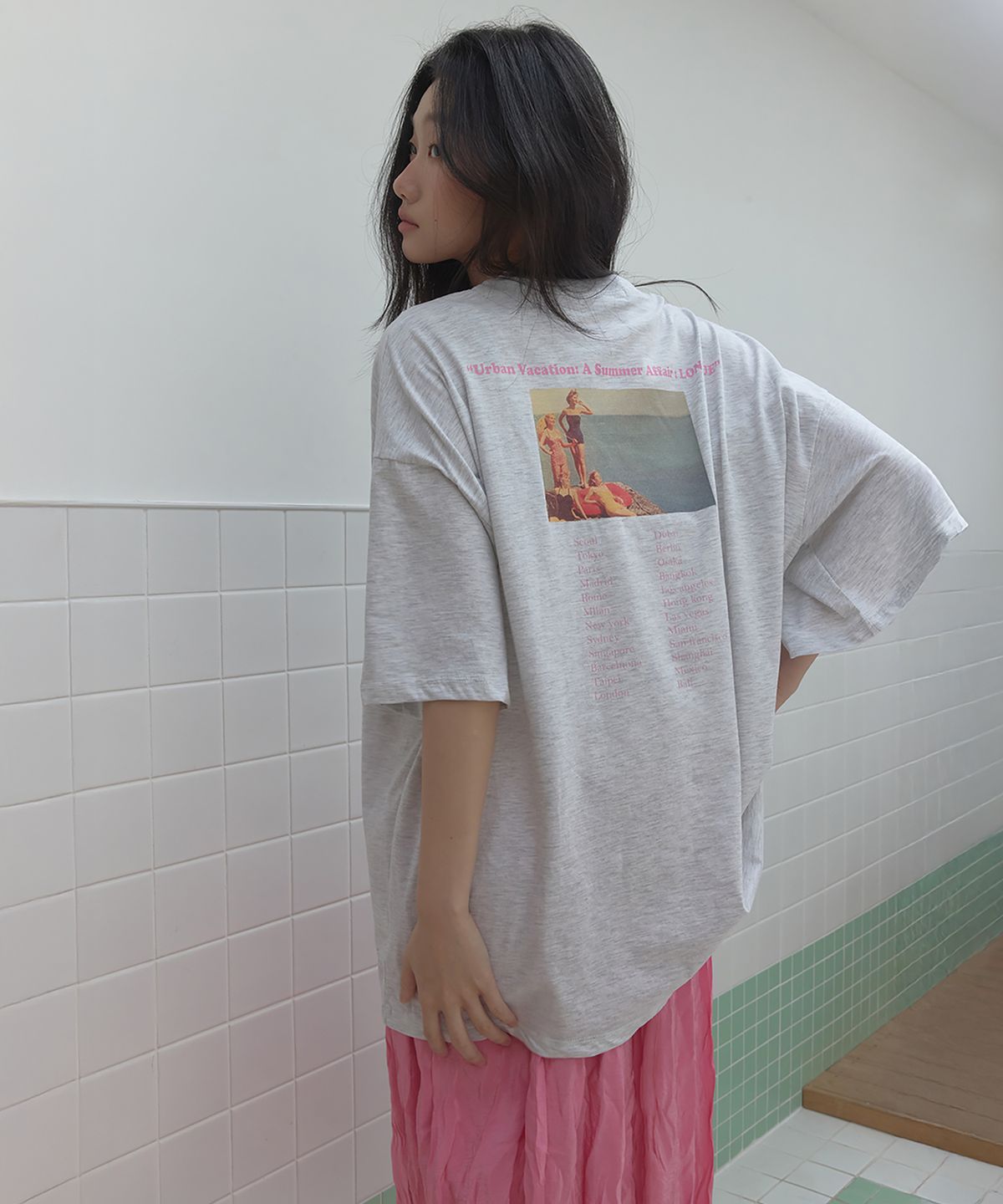론크(LONQUE) VACATION HALF SLEEVE OVERSIZED T-SHIRT (WHITE MELANGE)