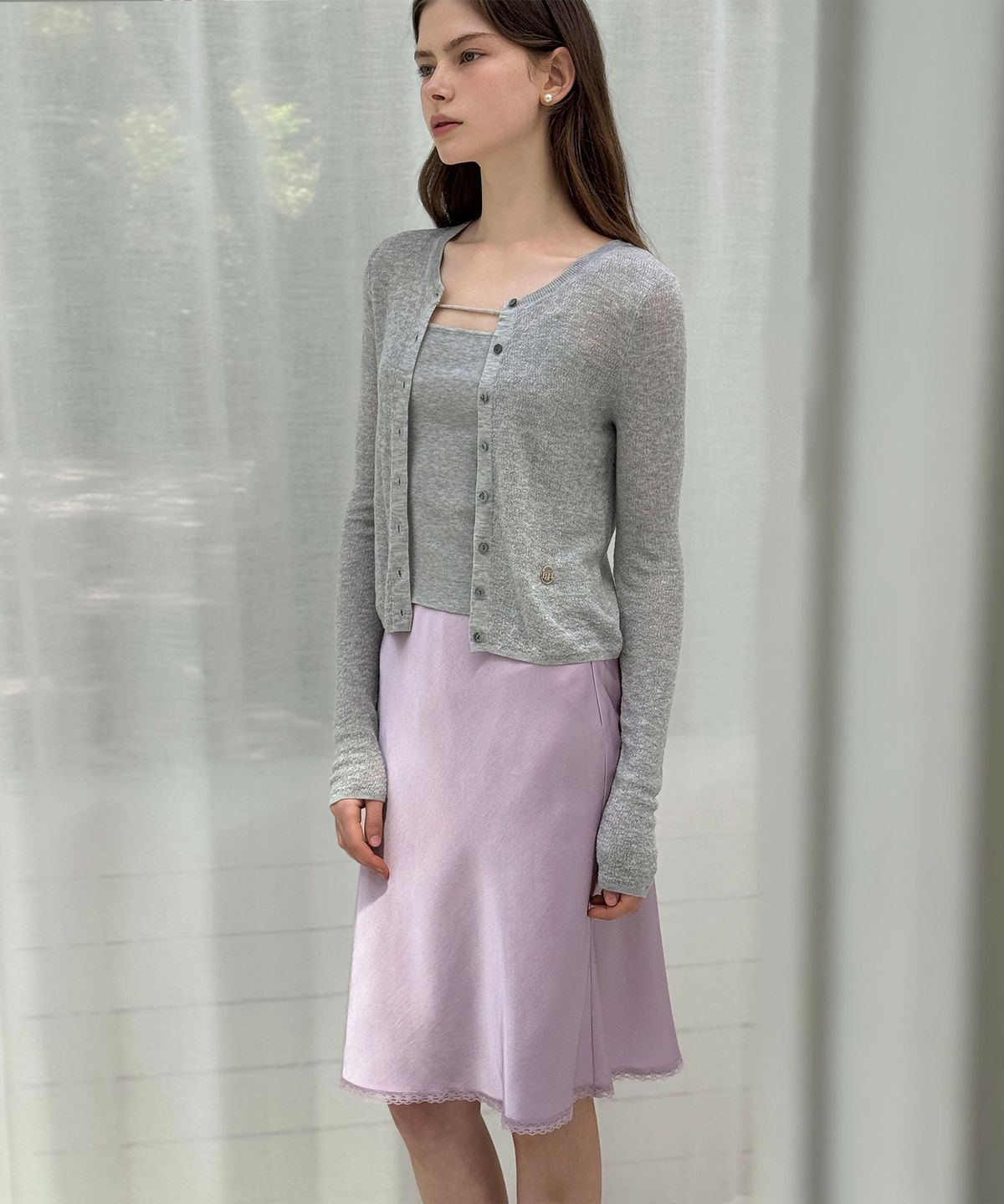 로트르드민(LAUTREDE MIN) Satin midi lace lavender skirt