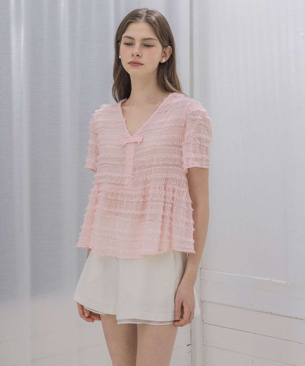 로트르드민(LAUTREDE MIN) Lautre Ette Ribbon pink blouse