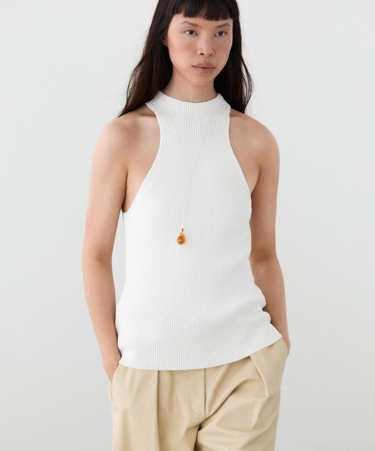 마시모두띠(MASSIMO DUTTI) 코튼 블렌드 립 디테일 홀터넥 탑