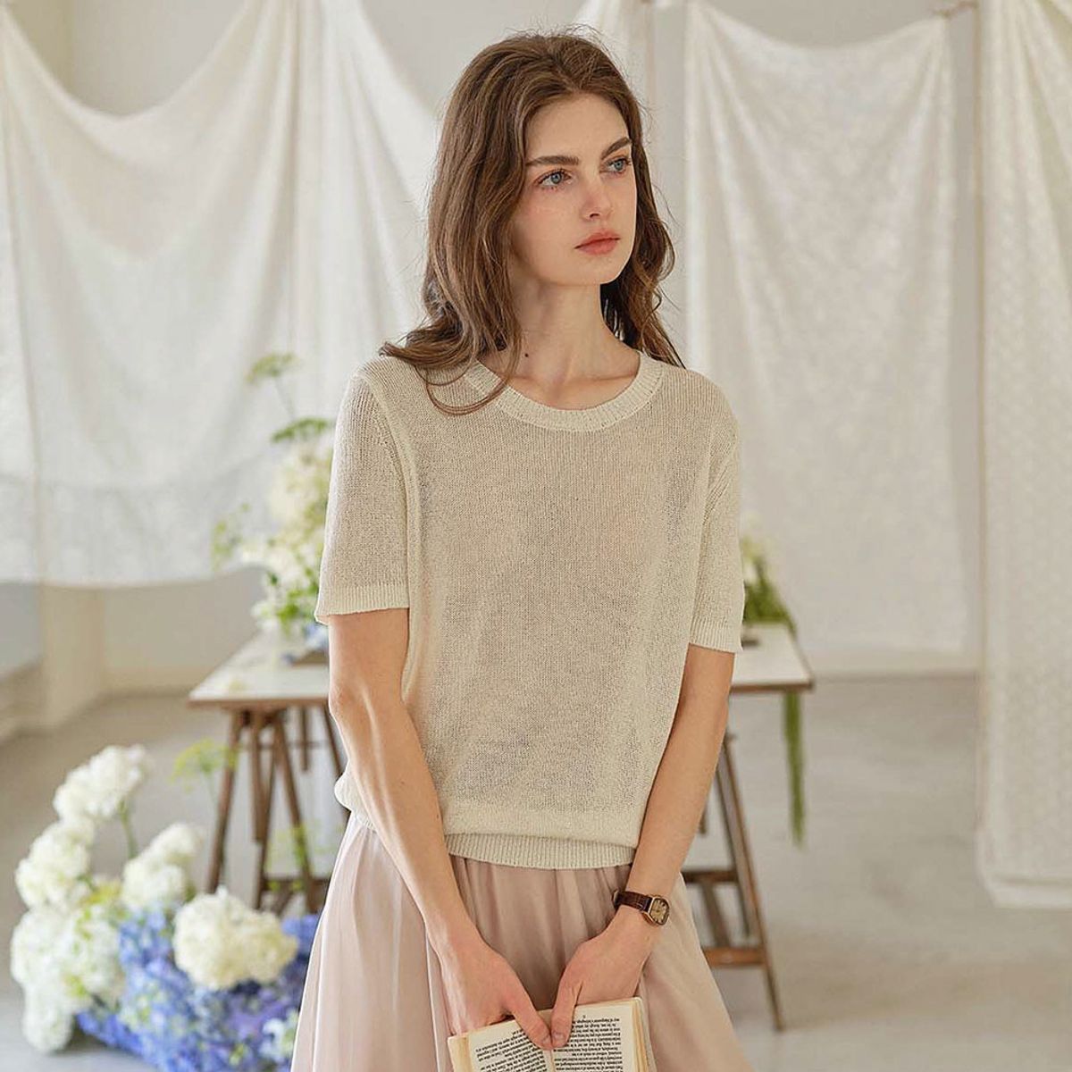 심플레트로(SIMPLE RETRO) SR_Cool short-sleeve knit top_2color