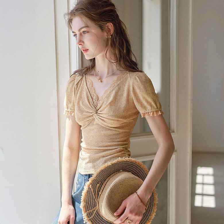 SR_Texture v-neck knit top