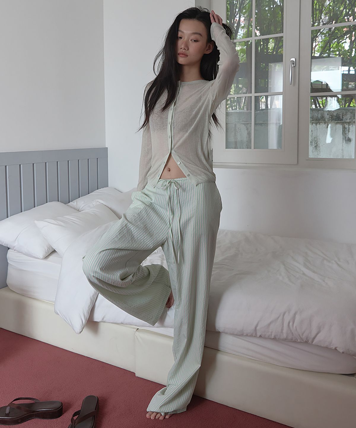 론크(LONQUE) STRIPED WIDE LEG ONE MILE PANTS (APPLE MINT)