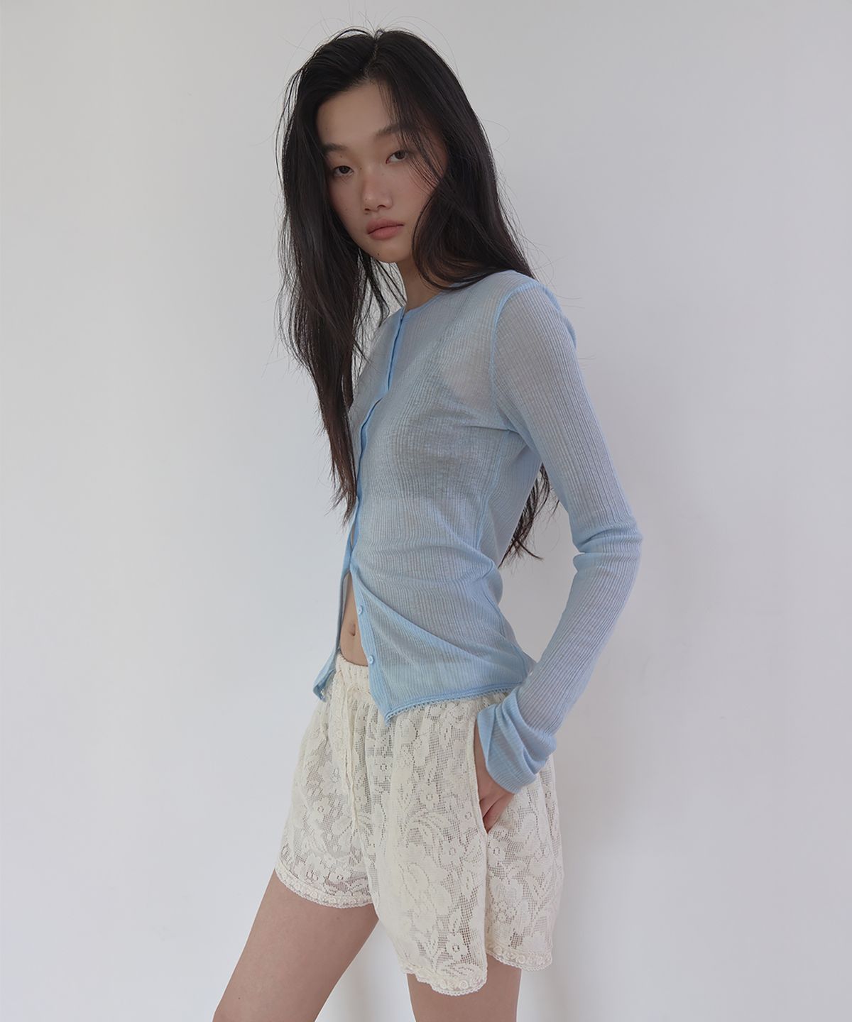 론크(LONQUE) SUMMER LACE TRIMMING RIB CARDIGAN (LIGHT BLUE)