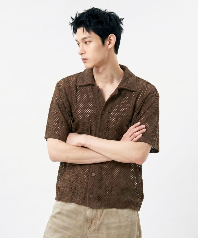 투포켓 크롭 메쉬 반팔 셔츠 브라운