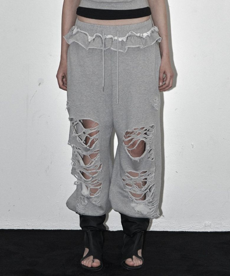 DISTRESSED FRILL SWEAT PANTS MELANGE