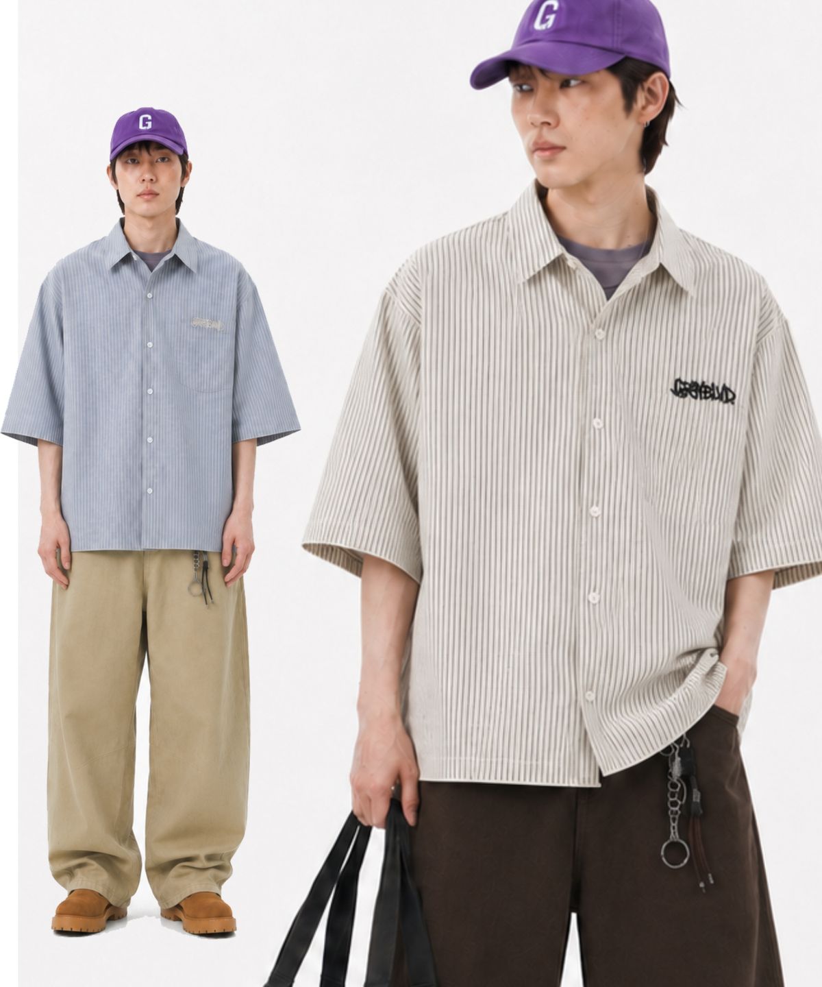 그레이블러밧(GRAYBLVD) 린넨라이크 페페 스트라이프 반팔 셔츠 (2COLOR)