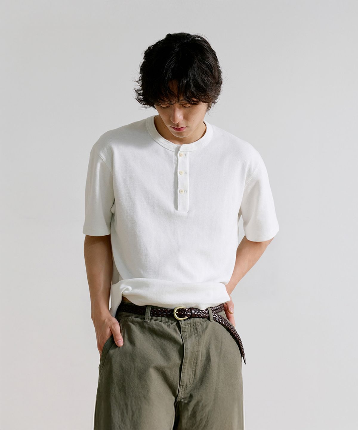 유니온블루(UNION BLUE) WAFFLE HENLEY S/S T-SHIRT [WHITE]