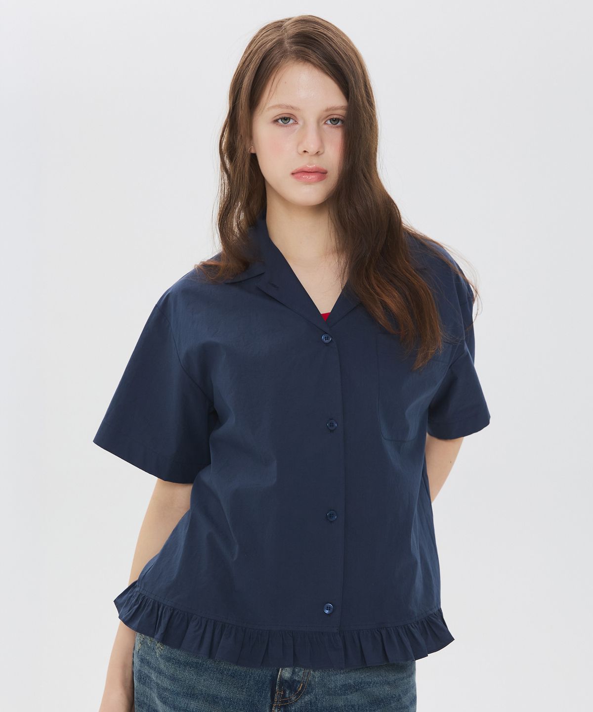 뉴루키(NEW LOOKY) Frill short-sleeved shirt_Navy