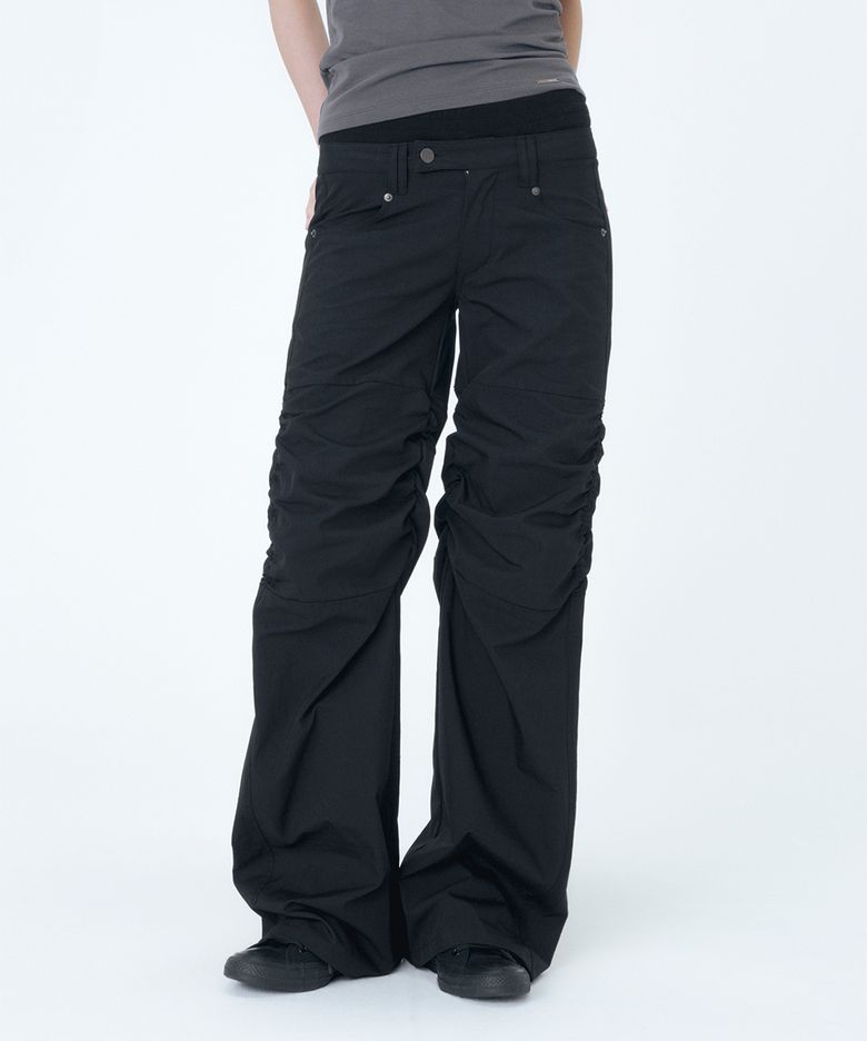 Ribbed layered shirring pants BLACK